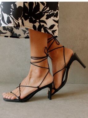 ALOHAS Black Lace-Up Strappy Heeled Sandals